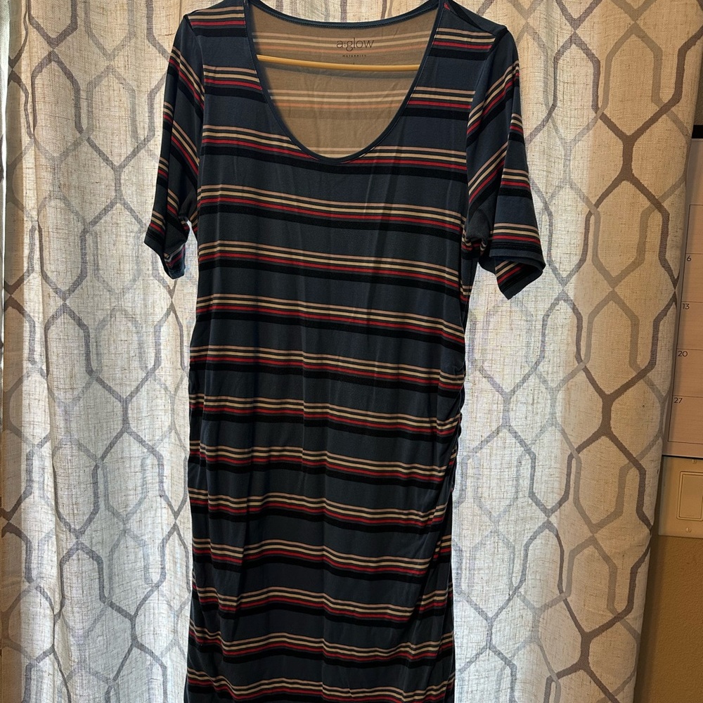 a:glow Blue and Pink Sheath Midi Dress with Cuffed Sleeves